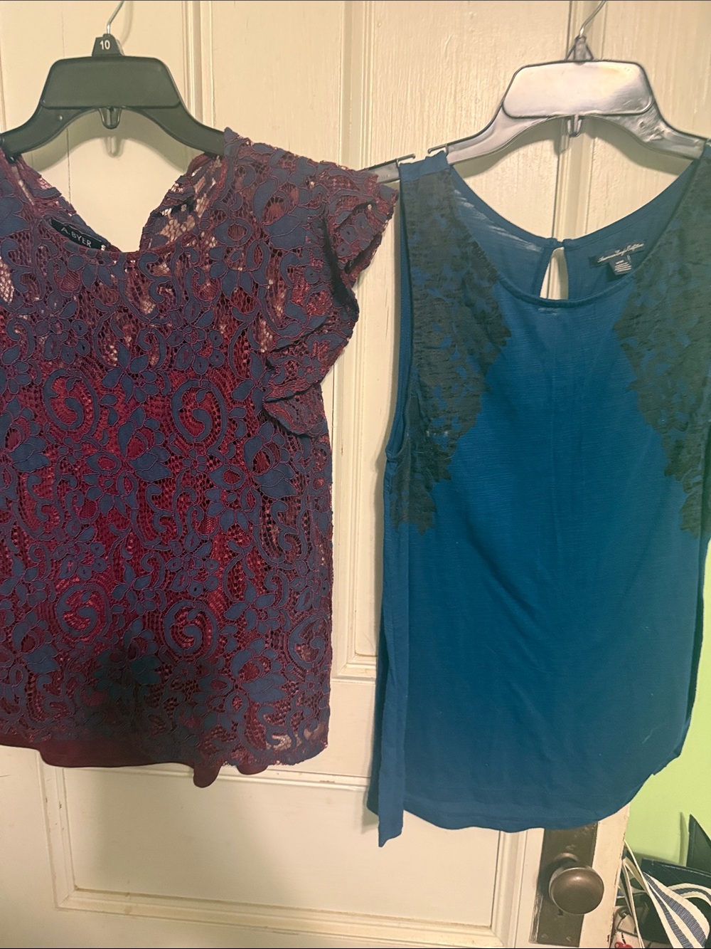 Amy Byer Lace Overlay Short Sleeve Top - Blue and Burgundy